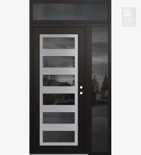 Modern Steel Front Door Diamond C9 48" x 96" black/black mirrored Glass Panel stainless steel LHI with Sidelite and Transom mirrored Glass