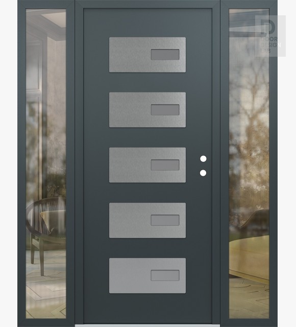 Modern Steel Front Door Diamond D7 60" x 80" anthracite/anthracite frosted Glass Panel stainless steel LHI with 2 Sidelites clear Glass