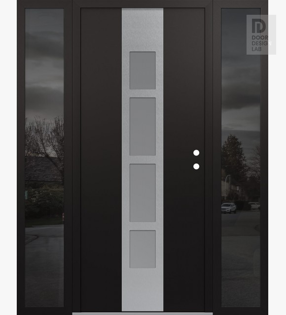 Modern Steel Front Door DIAMOND A10 68" X 80" BLACK/WHITE FROSTED GLASS PANEL STAINLESS STEEL LHI WITH 2 SIDELITES MIRRORED GLASS