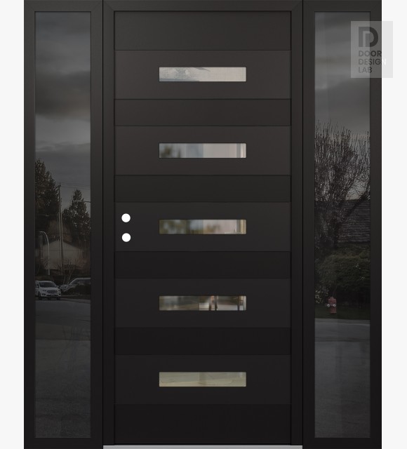 Modern Steel Front Door Diamond D9 68" x 80" black/black clear Glass Panel black RHI with 2 Sidelites mirrored Glass