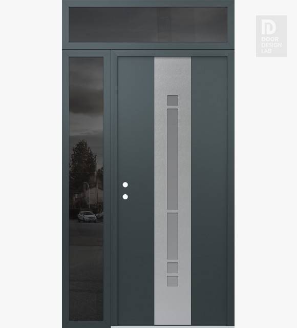 Modern Steel Front Door DIAMOND A3 50" X 96" ANTHRACITE/ANTHRACITE FROSTED GLASS PANEL STAINLESS STEEL RHI WITH SIDELITE AND TRANSOM MIRRORED GLASS