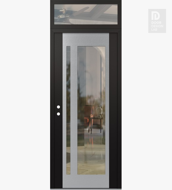 Modern Steel Front Door Diamond C15 36" x 96" black/black clear Glass Panel stainless steel RHI with Transom clear Glass