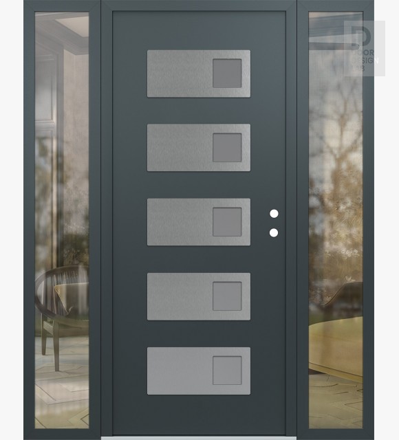 Modern Steel Front Door Diamond D2 68" x 80" anthracite/anthracite frosted Glass Panel stainless steel LHI with 2 Sidelites clear Glass