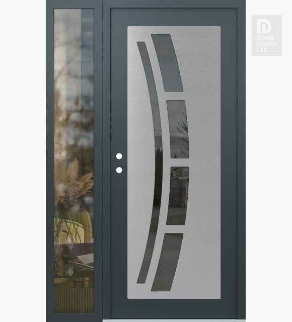 Modern Steel Front Door Diamond C12 52" x 80" anthracite/anthracite mirrored Glass Panel stainless steel RHI with Sidelite clear Glass
