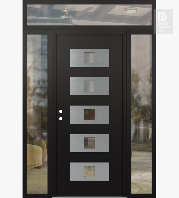 Modern Steel Front Door Diamond D8 68" x 96" black/black clear Glass Panel stainless steel RHI with 2 Sidelites and Transom clear Glass
