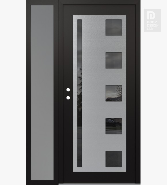 Modern Steel Front Door Diamond C3 52" x 80" black/black mirrored Glass Panel stainless steel RHI with Sidelite frosted Glass