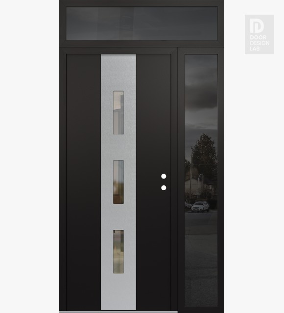 Modern Steel Front Door DIAMOND A7 48" X 96" BLACK/BLACK CLEAR GLASS PANEL STAINLESS STEEL LHI WITH SIDELITE AND TRANSOM MIRRORED GLASS