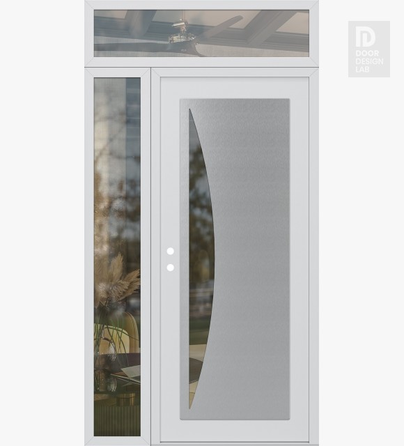 Modern Steel Front Door Diamond C13 48" x 96" white/white clear Glass Panel stainless steel RHI with Sidelite and Transom clear Glass