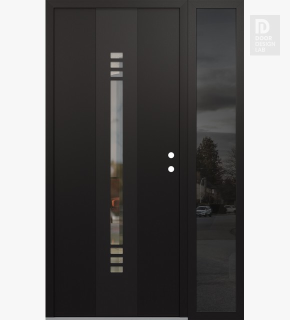 Modern Steel Front Door DIAMOND A5 50" X 80" BLACK/BLACK CLEAR GLASS PANEL BLACK LHI WITH SIDELITE MIRRORED GLASS