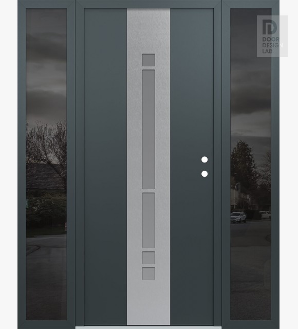 Modern Steel Front Door DIAMOND A3 64" X 80" ANTHRACITE/ANTHRACITE FROSTED GLASS PANEL STAINLESS STEEL LHI WITH 2 SIDELITES MIRRORED GLASS