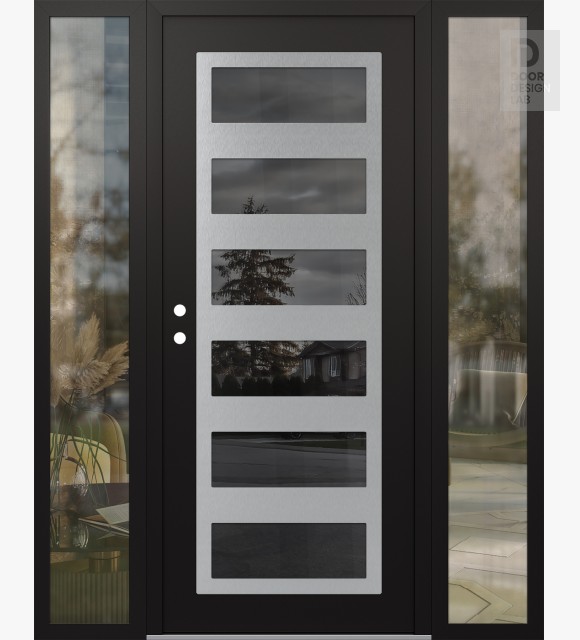 Modern Steel Front Door Diamond C9 60" x 80" black/black mirrored Glass Panel stainless steel RHI with 2 Sidelites clear Glass