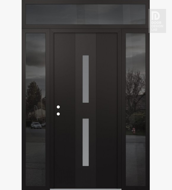 Modern Steel Front Door DIAMOND A6 64" X 96" BLACK/WHITE FROSTED GLASS PANEL BLACK RHI WITH 2 SIDELITES AND TRANSOM MIRRORED GLASS
