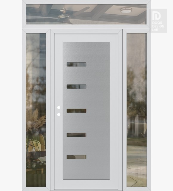 Modern Steel Front Door Diamond C8 64" x 96" white/white clear Glass Panel stainless steel RHI with 2 Sidelites and Transom clear Glass