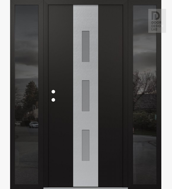 Modern Steel Front Door DIAMOND A7 60" X 80" BLACK/WHITE FROSTED GLASS PANEL STAINLESS STEEL RHI WITH 2 SIDELITES MIRRORED GLASS