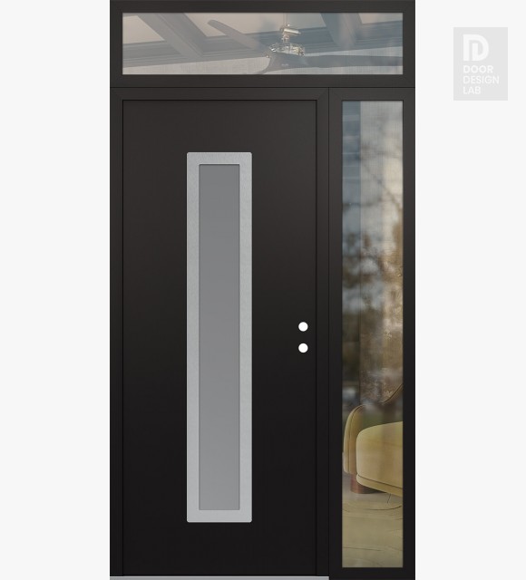 Modern Steel Front Door DIAMOND A11 48" X 96" BLACK/WHITE FROSTED GLASS PANEL STAINLESS STEEL LHI WITH SIDELITE AND TRANSOM CLEAR GLASS