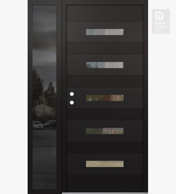 Modern Steel Front Door Diamond D9 48" x 80" black/black clear Glass Panel black RHI with Sidelite mirrored Glass