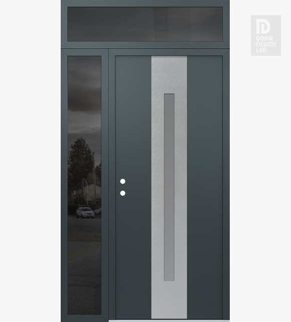 Modern Steel Front Door DIAMOND A2 48" X 96" ANTHRACITE/ANTHRACITE FROSTED GLASS PANEL STAINLESS STEEL RHI WITH SIDELITE AND TRANSOM MIRRORED GLASS