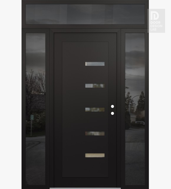 Modern Steel Front Door Diamond C8 68" x 96" black/black clear Glass Panel black LHI with 2 Sidelites and Transom mirrored Glass