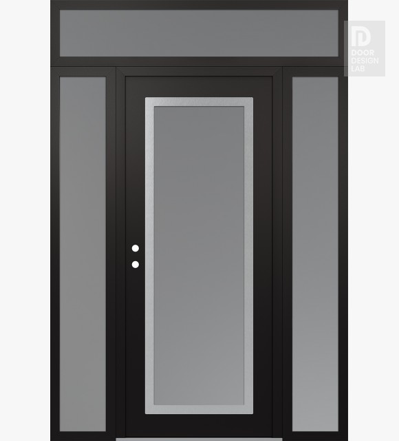 Modern Steel Front Door Diamond C1 64" x 96" black/white frosted Glass Panel stainless steel RHI with 2 Sidelites and Transom frosted Glass