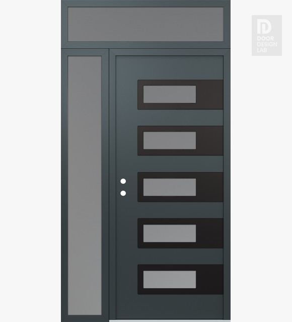 Modern Steel Front Door Diamond D3 50" x 96" anthracite/anthracite frosted Glass Panel black RHI with Sidelite and Transom frosted Glass