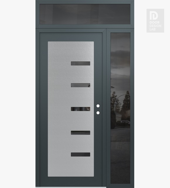 Modern Steel Front Door Diamond C8 50" x 96" anthracite/anthracite mirrored Glass Panel stainless steel LHI with Sidelite and Transom mirrored Glass