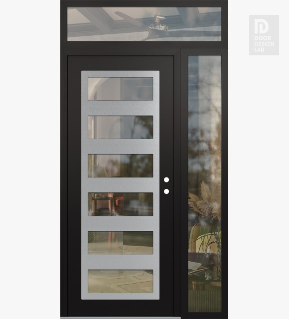 Modern Steel Front Door Diamond C9 50" x 96" black/black clear Glass Panel stainless steel LHI with Sidelite and Transom clear Glass