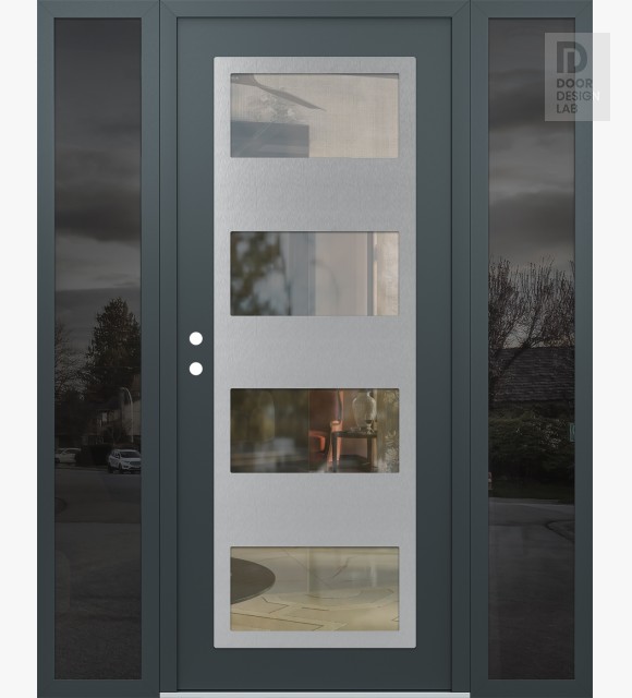 Modern Steel Front Door Diamond C2 60" x 80" anthracite/anthracite clear Glass Panel stainless steel RHI with 2 Sidelites mirrored Glass