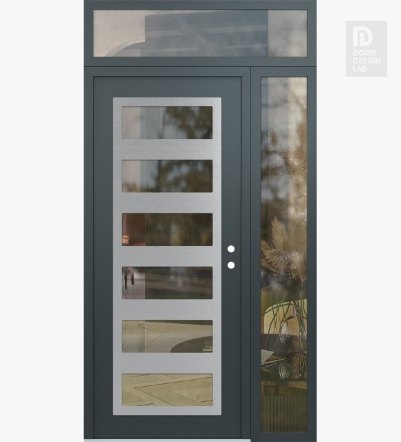 Modern Steel Front Door Diamond C9 48" x 96" anthracite/anthracite clear Glass Panel stainless steel LHI with Sidelite and Transom clear Glass