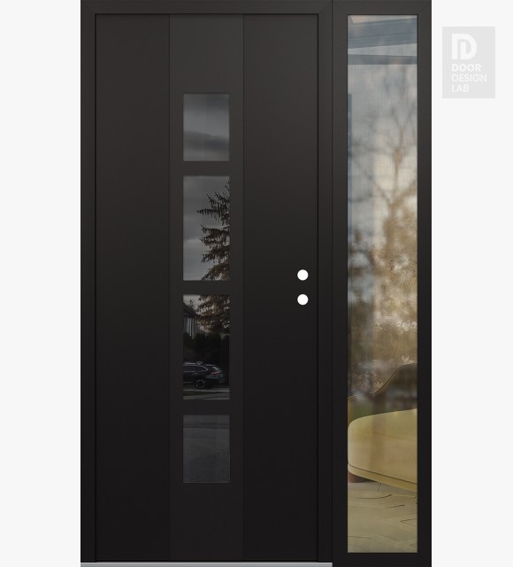 Modern Steel Front Door DIAMOND A10 50" X 80" BLACK/BLACK MIRRORED GLASS PANEL BLACK LHI WITH SIDELITE CLEAR GLASS