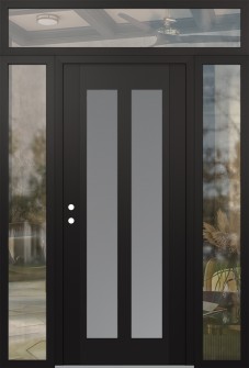 Diamond C14 64" x 96" black/white frosted Glass Panel black RHI with 2 Sidelites and Transom clear Glass
