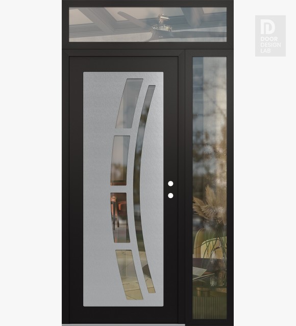 Modern Steel Front Door Diamond C12 50" x 96" black/black clear Glass Panel stainless steel LHI with Sidelite and Transom clear Glass