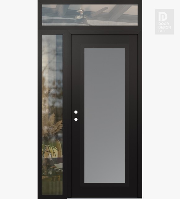 Modern Steel Front Door Diamond C1 48" x 96" black/white frosted Glass Panel black RHI with Sidelite and Transom clear Glass