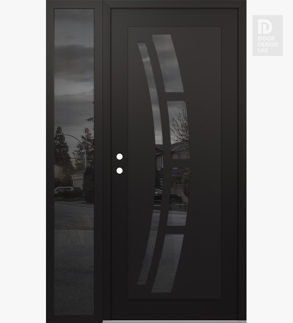 Modern Steel Front Door Diamond C12 48" x 80" black/black mirrored Glass Panel black RHI with Sidelite mirrored Glass