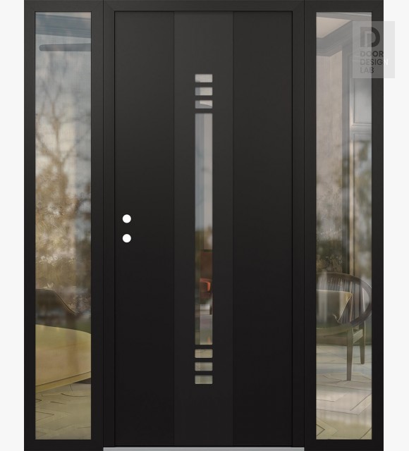 Modern Steel Front Door DIAMOND A5 64" X 80" BLACK/BLACK CLEAR GLASS PANEL BLACK RHI WITH 2 SIDELITES CLEAR GLASS