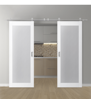 DOUBLE BARN DOOR PALLADIO 207 VETRO BIANCO NOBLE 36" X 80" X 1 9/16" TEMPERED FROSTED GLASS STAINLESS STEEL HARDWARE