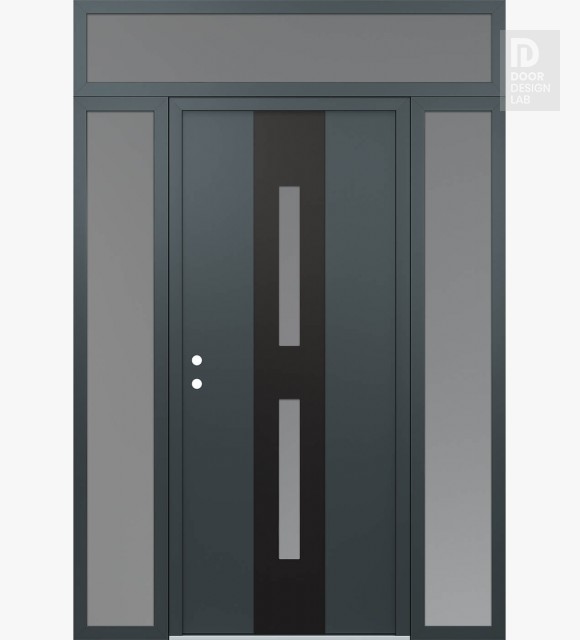 Modern Steel Front Door DIAMOND A6 68" X 96" ANTHRACITE/ANTHRACITE FROSTED GLASS PANEL BLACK RHI WITH 2 SIDELITES AND TRANSOM FROSTED GLASS