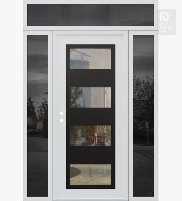 Modern Steel Front Door Diamond C2 68" x 96" white/white clear Glass Panel black RHI with 2 Sidelites and Transom mirrored Glass