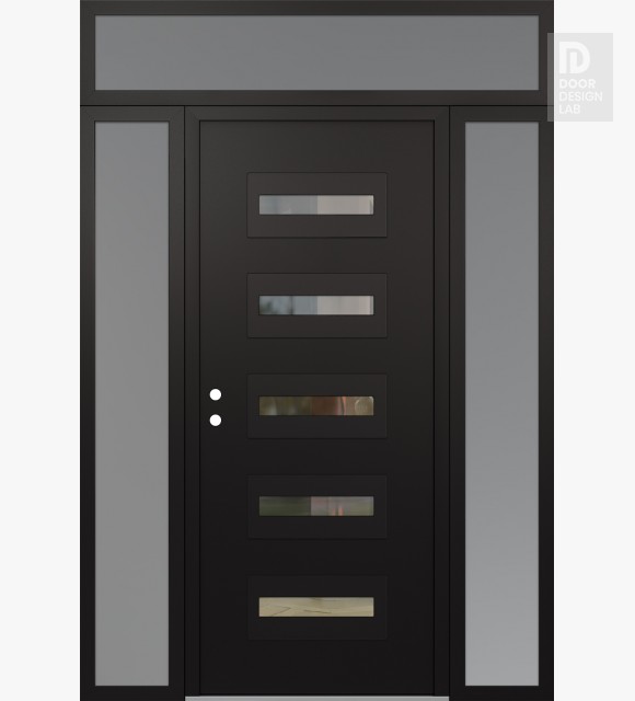 Modern Steel Front Door Diamond D4 64" x 96" black/black clear Glass Panel black RHI with 2 Sidelites and Transom frosted Glass