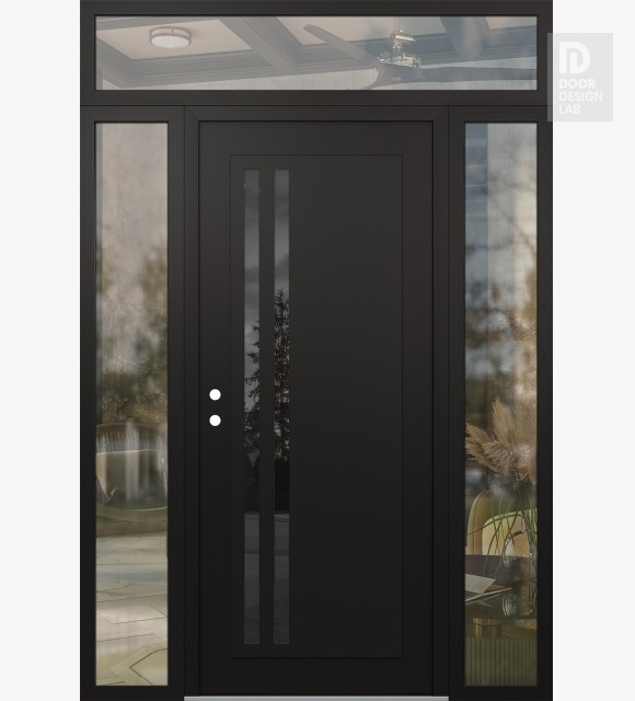 Modern Steel Front Door Diamond C6 60" x 96" black/black mirrored Glass Panel black RHI with 2 Sidelites and Transom clear Glass