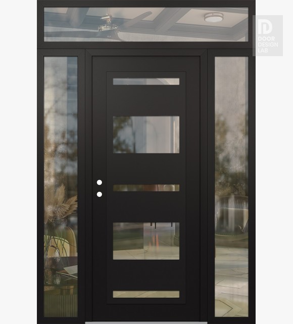 Modern Steel Front Door Diamond C10 68" x 96" black/black clear Glass Panel black RHI with 2 Sidelites and Transom clear Glass