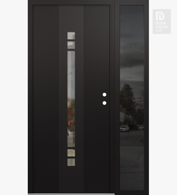 Modern Steel Front Door DIAMOND A4 50" X 80" BLACK/BLACK CLEAR GLASS PANEL BLACK LHI WITH SIDELITE MIRRORED GLASS