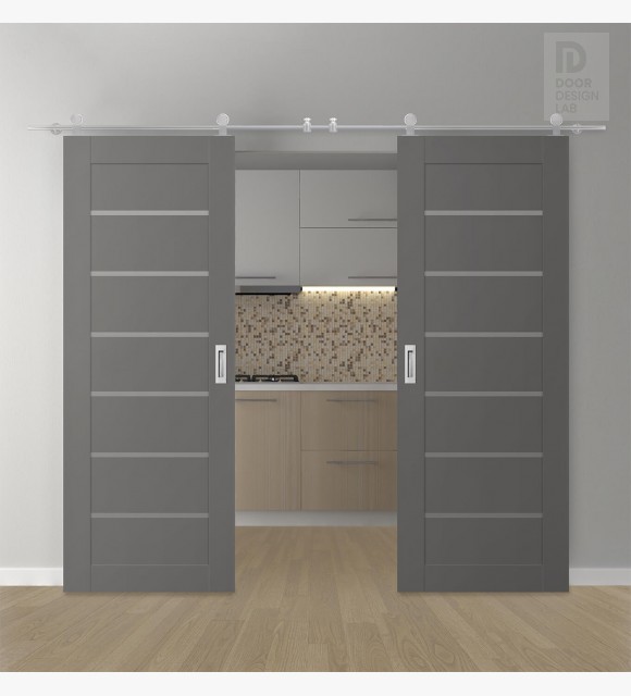 DOUBLE BARN DOOR AVON 07-02 VETRO GRAY MATTE 36" X 84" X 1 3/4" STAINLESS STEEL HARDWARE
