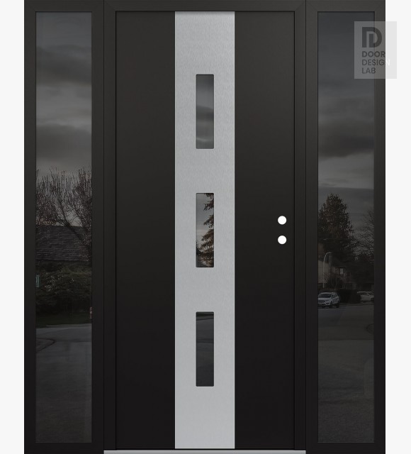 Modern Steel Front Door DIAMOND A7 60" X 80" BLACK/BLACK MIRRORED GLASS PANEL STAINLESS STEEL LHI WITH 2 SIDELITES MIRRORED GLASS