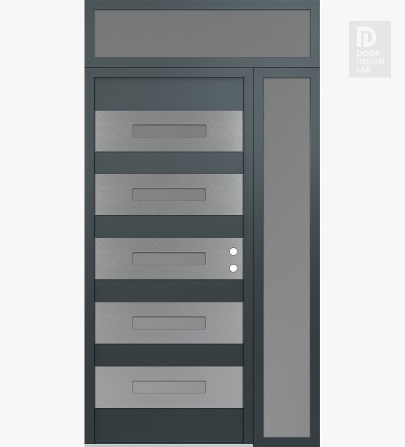 Modern Steel Front Door Diamond D9 52" x 96" anthracite/anthracite frosted Glass Panel stainless steel LHI with Sidelite and Transom frosted Glass