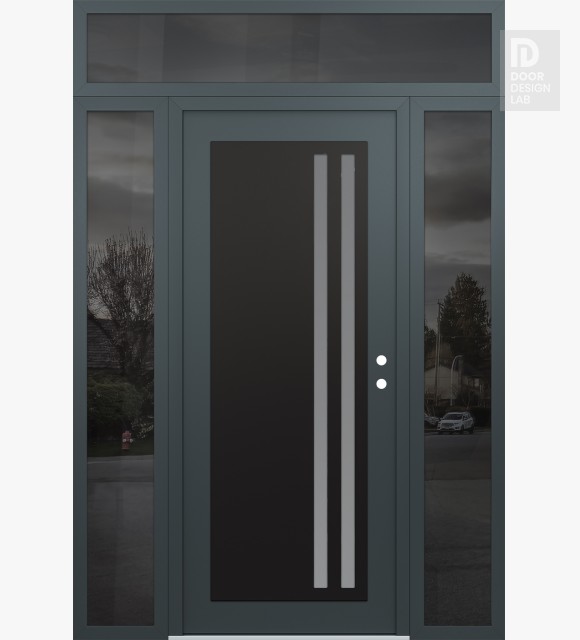 Modern Steel Front Door Diamond C6 64" x 96" anthracite/anthracite frosted Glass Panel black LHI with 2 Sidelites and Transom mirrored Glass