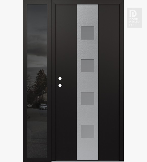 Modern Steel Front Door DIAMOND A12 48" X 80" BLACK/WHITE FROSTED GLASS PANEL STAINLESS STEEL RHI WITH SIDELITE MIRRORED GLASS