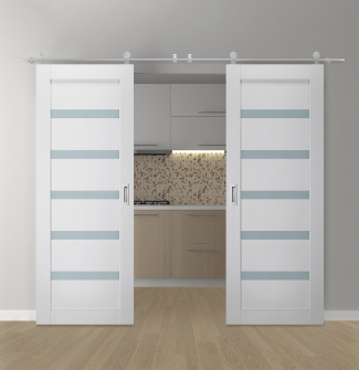 DOUBLE BARN DOOR LEORA VETRO BIANCO NOBLE 36" X 80" X 1 9/16" STAINLESS STEEL HARDWARE