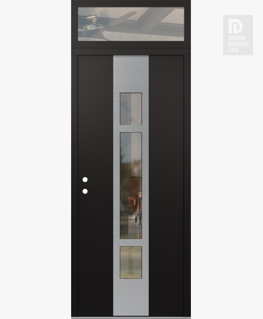 Modern Steel Front Door DIAMOND A9 36" X 96" BLACK/BLACK CLEAR GLASS PANEL STAINLESS STEEL RHI WITH TRANSOM CLEAR GLASS