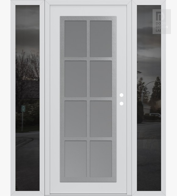 Modern Steel Front Door Diamond C16 68" x 80" white/white frosted Glass Panel stainless steel LHI with 2 Sidelites mirrored Glass