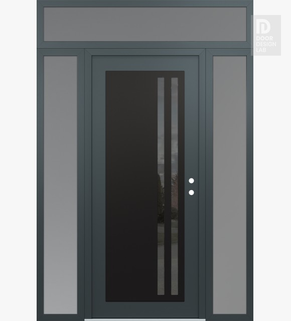 Modern Steel Front Door Diamond C6 64" x 96" anthracite/anthracite mirrored Glass Panel black LHI with 2 Sidelites and Transom frosted Glass